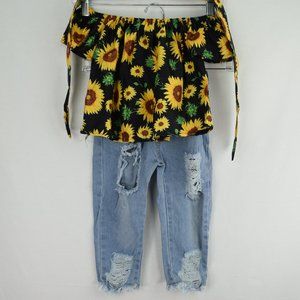 Brand Pat Pat, Size 18-24M, Solid Black With Floral Print Shirt, Jeans, Headband